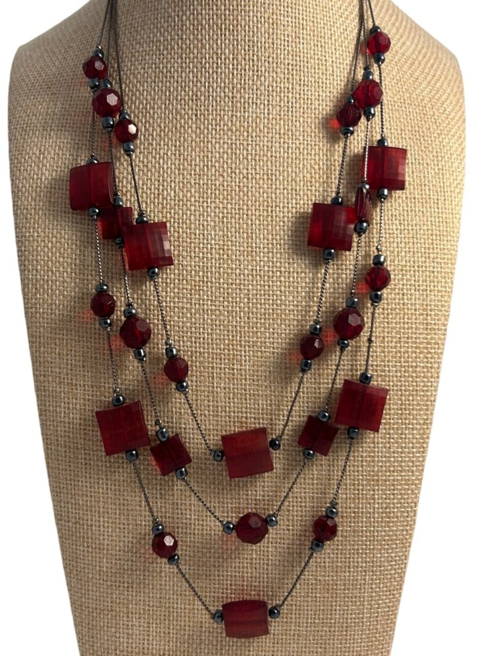 Red Burgundy Faceted Square Bead Multi Strand Layered Statement Necklace